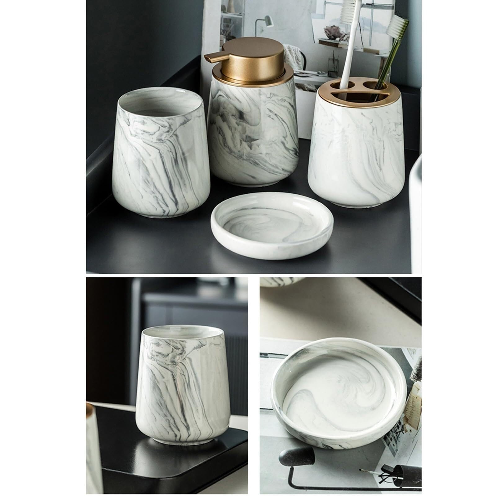 Set di accessori per il bagno Set dispenser di sapone effetto marmo 4 pezzi, bicchiere for spazzolino da denti, portaspazzolino in ceramica Arredamento per gli affittuari(Gray 3)