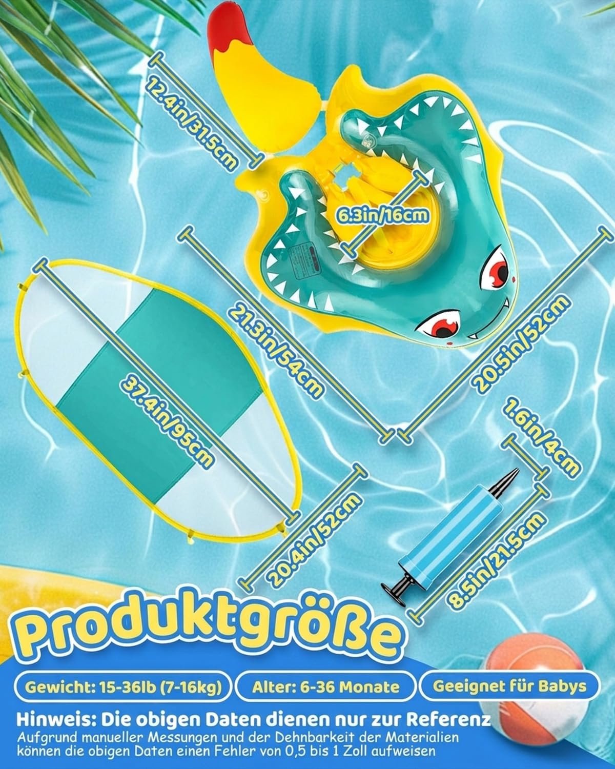 Baby Schwimmring mit UPF50+ Sonnendach Entfernbar, Premium Baby Float, Schwimmhilfe verstellbare Schultergurte, Schwimmtrainer, mit aufblasbarer Swimming Float für ab 6-36 Monate(7-16kg)