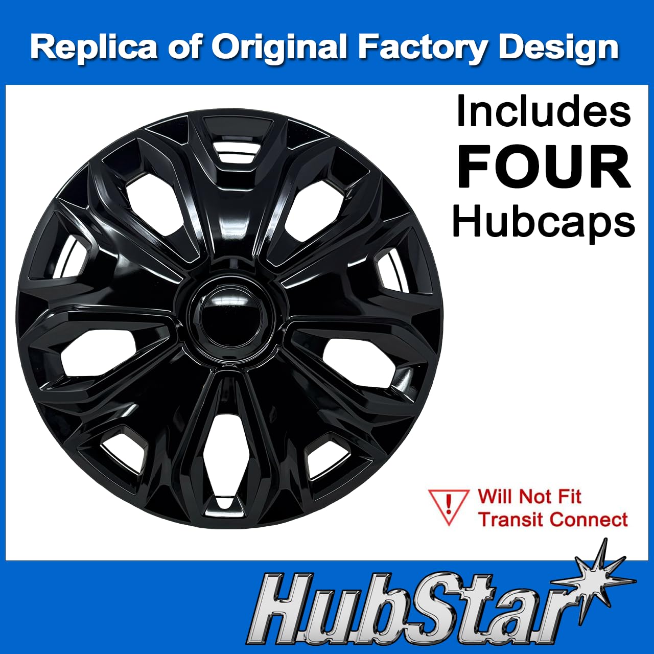 HubStar Hubcap Replacement for Ford Transit 150, 250, and 350: 2015-2024, 16-inch Wheel Cover (Gloss Black, 4 Pieces)