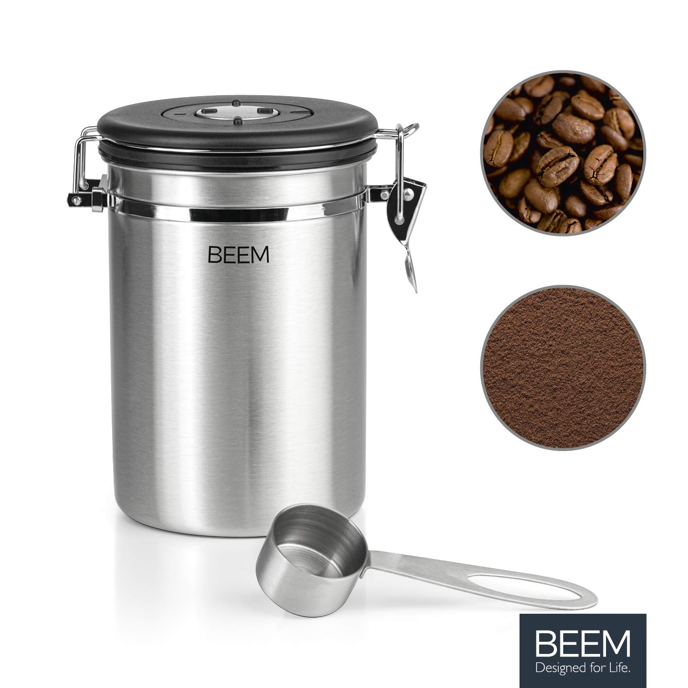 BEEM KAFFEEDOSE puszka na zapasy z łyżeczką dozującą - 1,9 l | hermetyczna ze stali nierdzewnej | wskaźnik daty | 700 g kawy | puszka aromatu | zawór odpowietrzający CO2