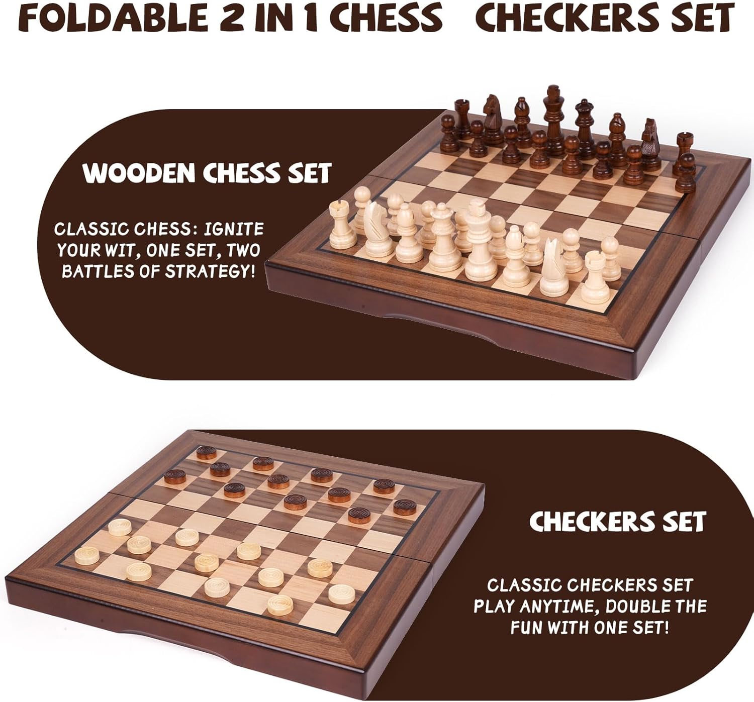 2 in 1 Magnetic Wooden Chess and Checkers Board Game Set, 12" Folding Chess Boards, Portable Travel Chess Sets with Pieces Storage Slots, Beginner Chess Game Set for Kids and Adults