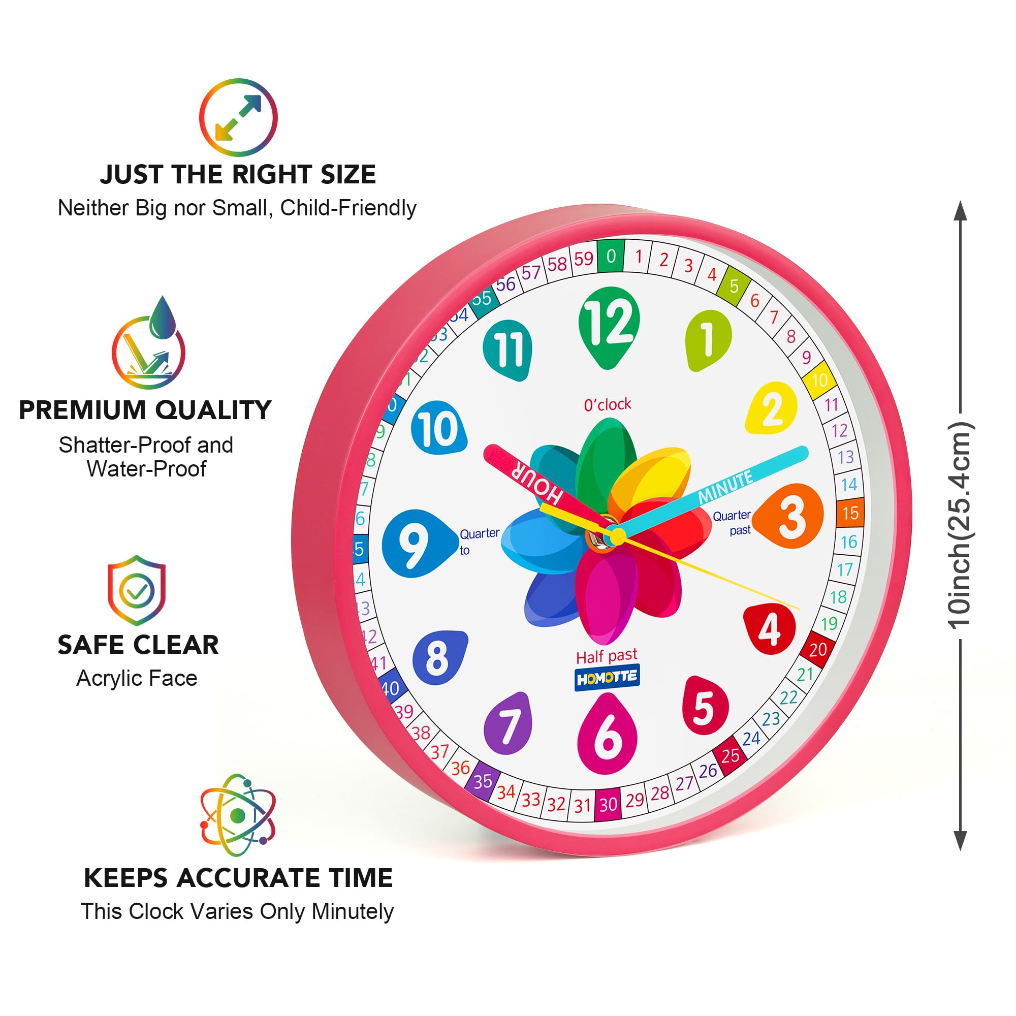 Homotte Analog Learning Clock for Kids, 10 Inch Telling Time Pink Wall Children's Silent Non-Ticking Teach Educational Clock for Bedroom, Classroom Girls Home Decor