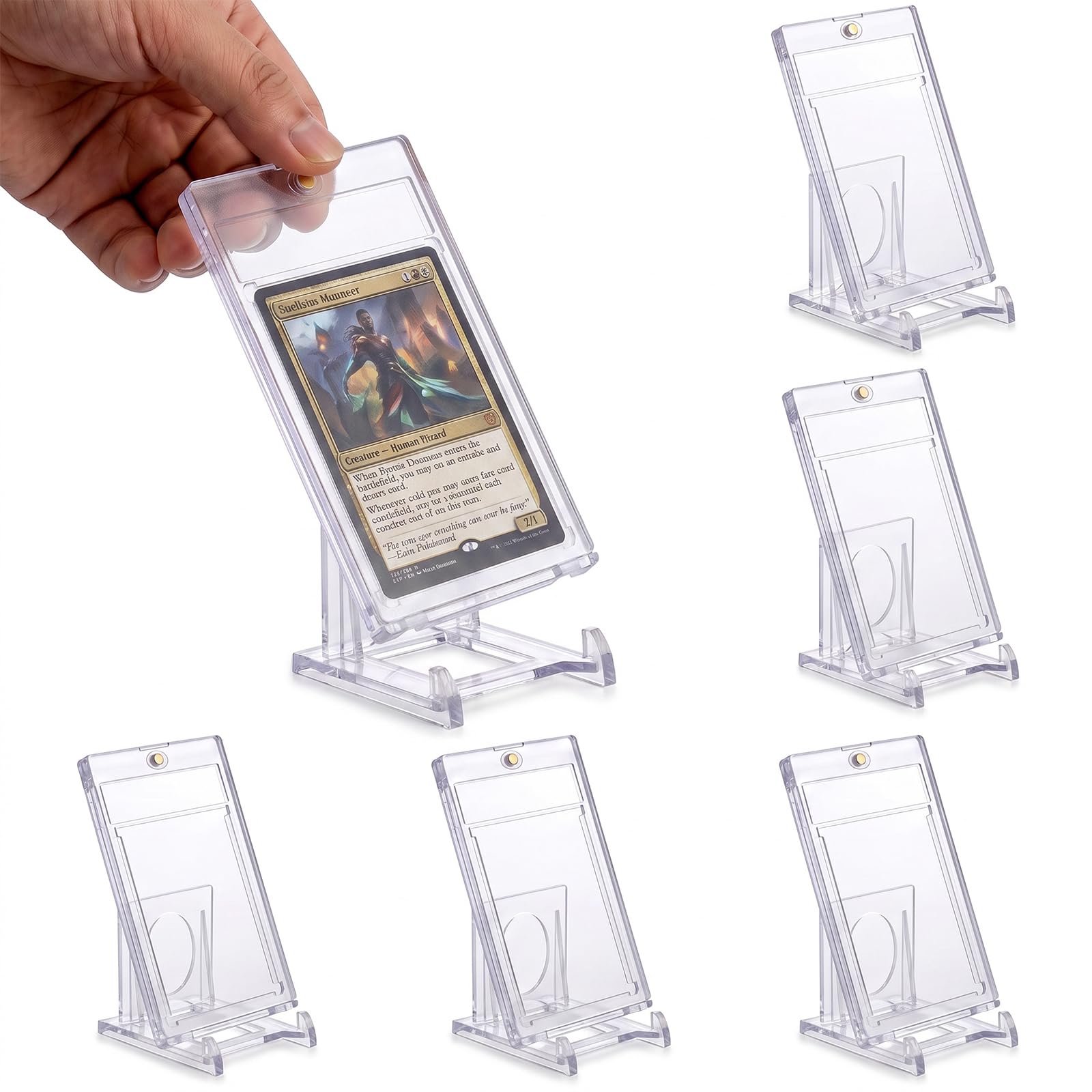 BATHRINS 12 PCS Trading Card Display Set - 6 Pcs 35PT Magnetic Card Holders with UV Protection + 6 Adjustable Clear Acrylic Stands for Trading & Graded Cards