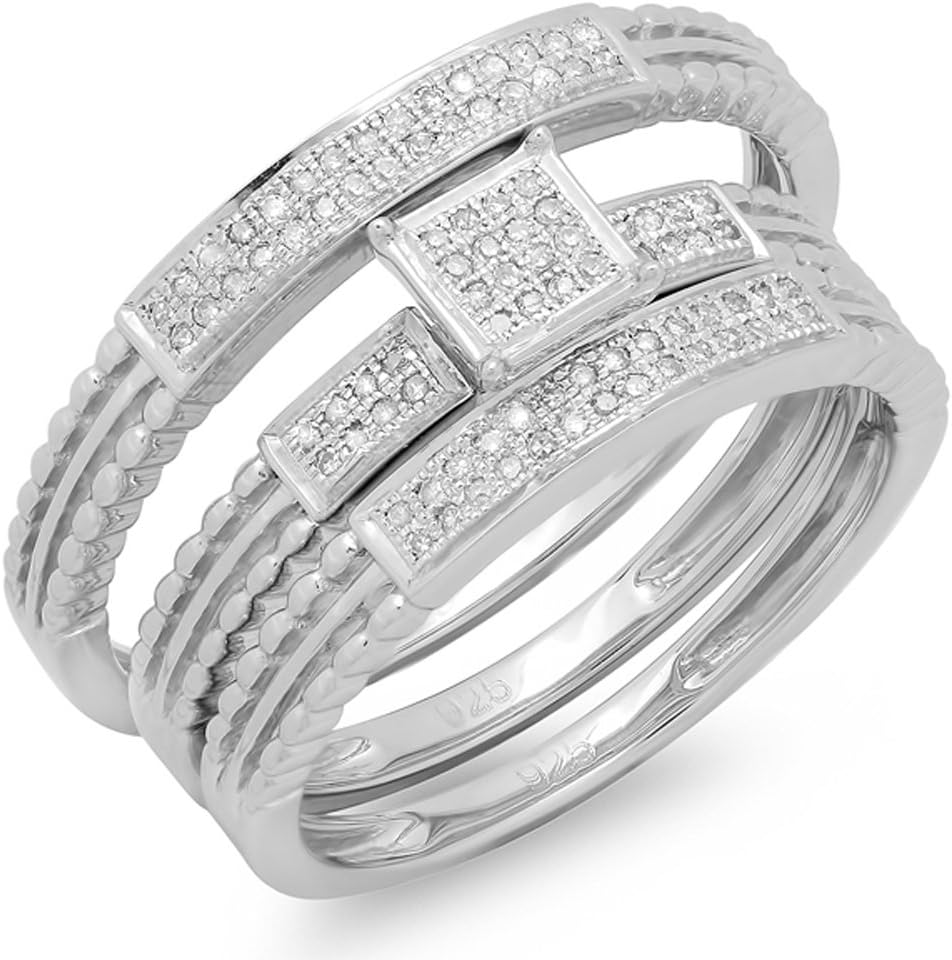 Dazzlingrock Collection 0.20 Ctw Round Cut Natural Diamond Men and Women's Micro Pave Engagement Ring Trio Bridal Set 1/5 CT