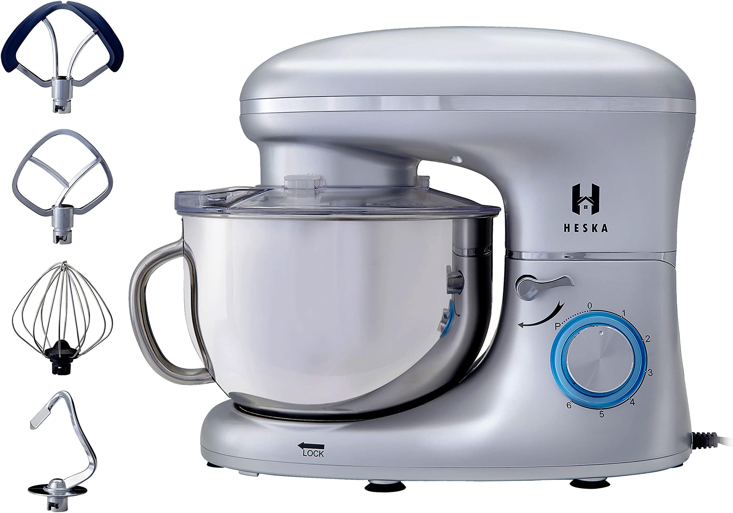 Heska -1500W Food Stand Mixer for Baking with Bowl, Dough Mixer, 4-in-1 Beater/Whisk/Dough Hook and Extra Flex Edge Beater - (Dishwasher Safe attachments) Silver