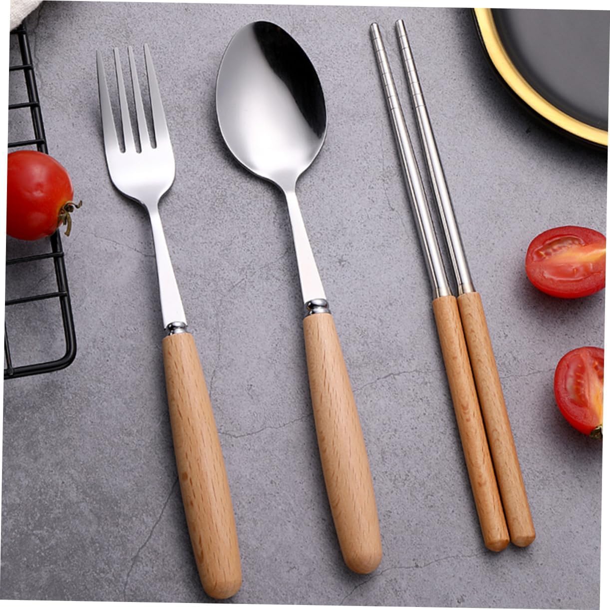 Juego De 3 Tenedores De Cena, Cubiertos De Acero Inoxidable, Cuchillo, Tenedor, Cuchara, Mango De Madera, Juego De Cubiertos para Cocina Y Postre,
