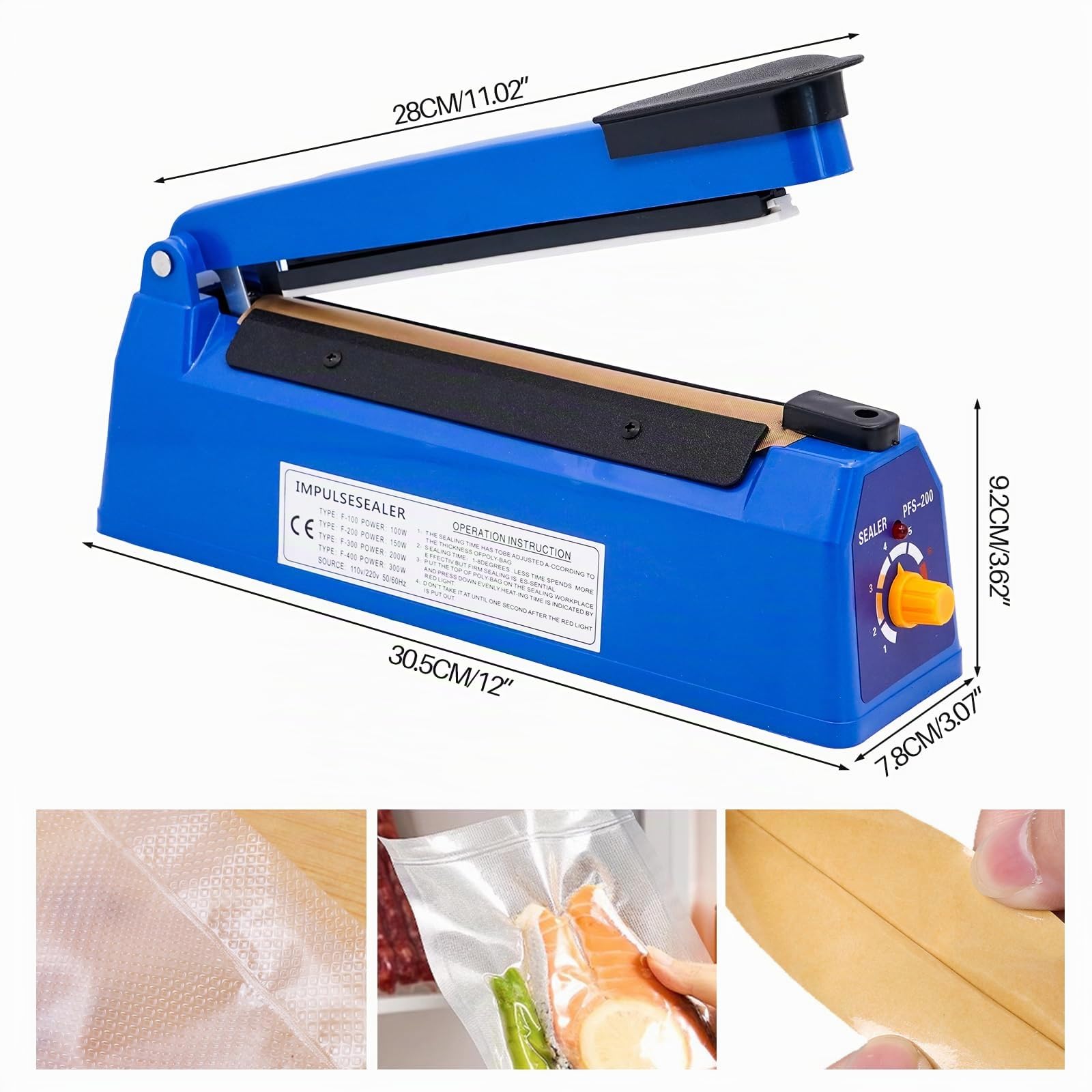 Termosaldatrice per Plastica Sacchetti 200mm Sigillatrice Macchina ad Impulsi Guarnizione Larga 3mm Impulse Heat Sealer for Mylar PP PE Alluminio Bags Macchina Sigillante Plastica