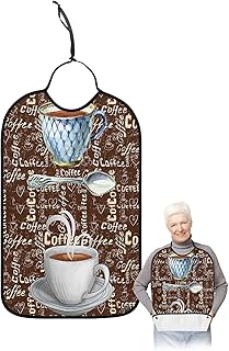 BOBOWUNY Coffee Theme Adult Bibs for Elder Women Men Eating, Coffee Cup Farm Vintage Brown Splicing Waterproof & Washable Bibs for Eating Clothing Protector Dining Bibs for Crumb Catcher
