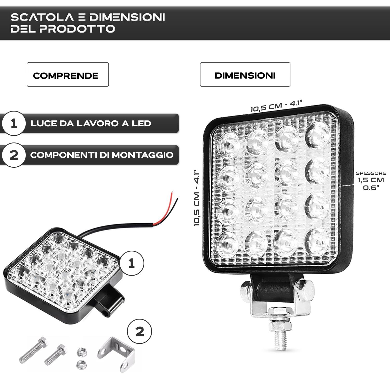 Trattore 12V alluminio abs 48W 16 led 6500K 10.5 cms 4.21" faro led 12v faretto da lavoro