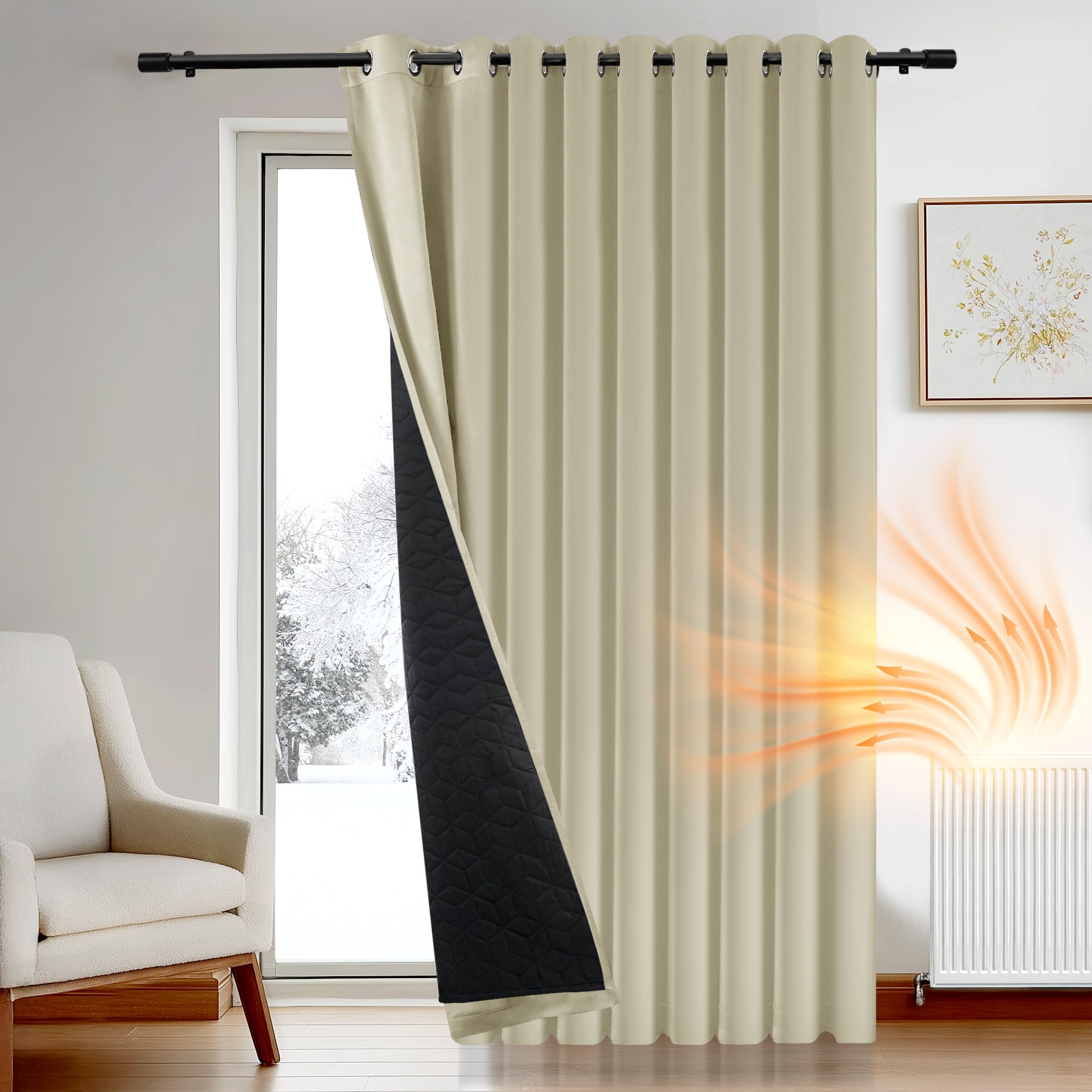 Deconovo Solid Blackout Curtain for Door, Windproof Thermal Curtain Eyelet with Thick Microfiber Quilted Lining, Noise Reducing Curtain for Living Room, 100 x 84 Inch, Beige, 1 Panel — image 1