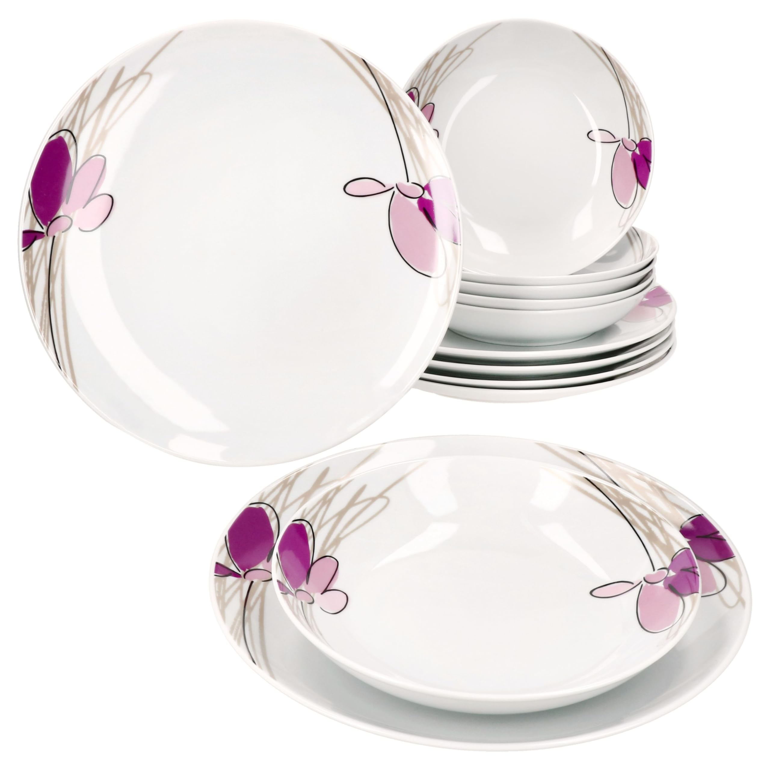 MamboCat Viola Servizio da tavola 12 pezzi, stoviglie in porcellana con decorazione floreale per 6 persone, 6 piatti fondi e 6 piatti piani per colazione, pranzo e pane cena