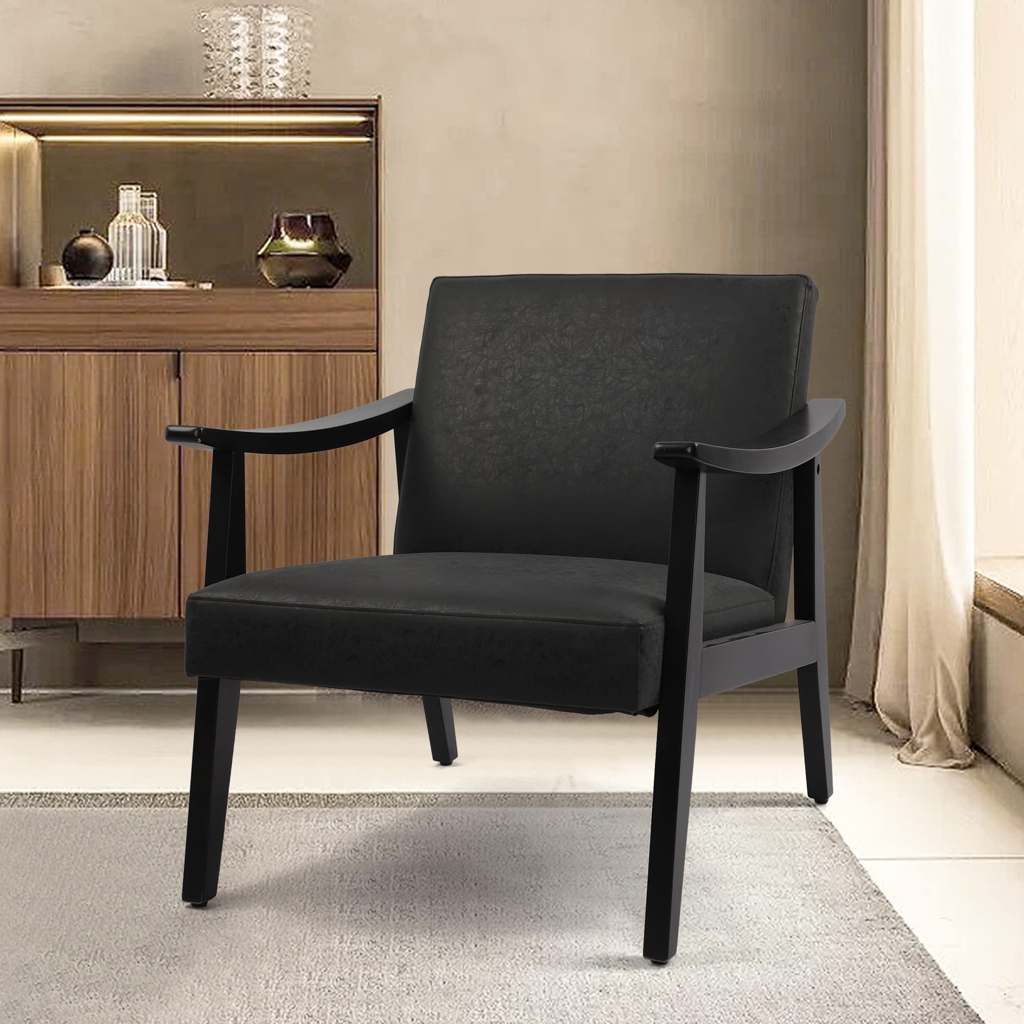 NOBPEINT Modern Accent Arm Chair, Sponge Backrest Solid Hardwood Upholstered PU Leather Lounge Chair (1, Black)