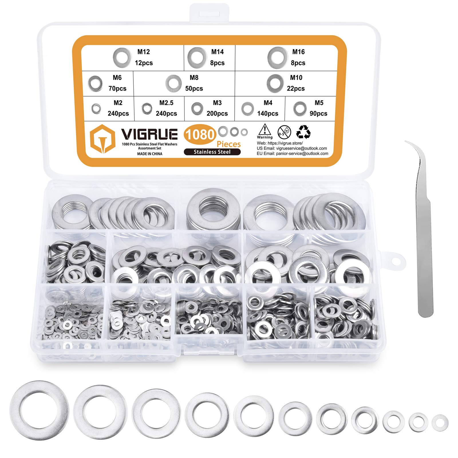 Flat Washers - VIGRUE 1080 Pieces Washers 11 Sizes A2-70 Stainless Steel Flat and Locking Washers Assortment Set (M2 M2.5 M3 M4 M5 M6 M8 M10 M12 M14 M16)