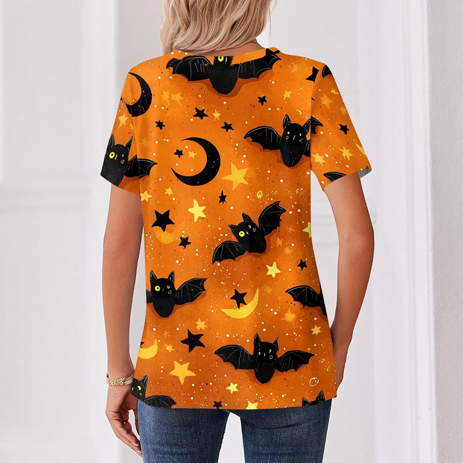 Women's Short Sleeve Halloween Tops, Funny Graphic Casual Novelty Button V-Neck Shirts, S-3XL