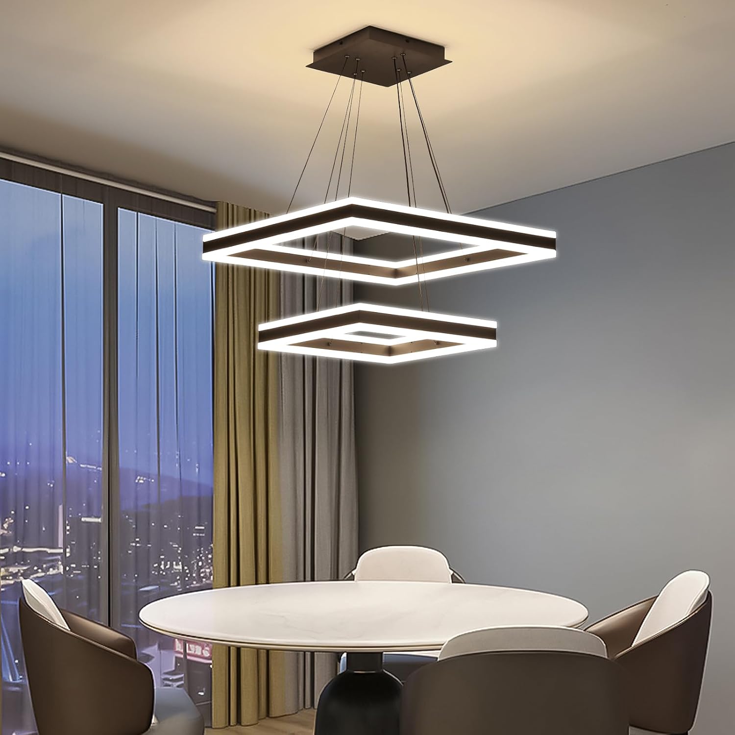 modern chandeliers for living room, 2 ring square led pendant light fixture, 3000k-6500k dimmable dining room ceiling hanging light over table, modern kitchen island lighting adjustable height black light up&down square15.7"+23.6"