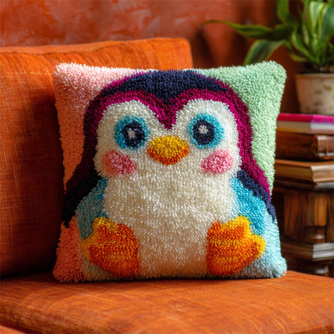 Kitquiver Animal Latch Hook Kits for Adults Colorful Penguins Cushion Pillow Front Chunky Cross Stitch Kits DIY Embroidery Needlepoint Kit for Home Décor 17x17In