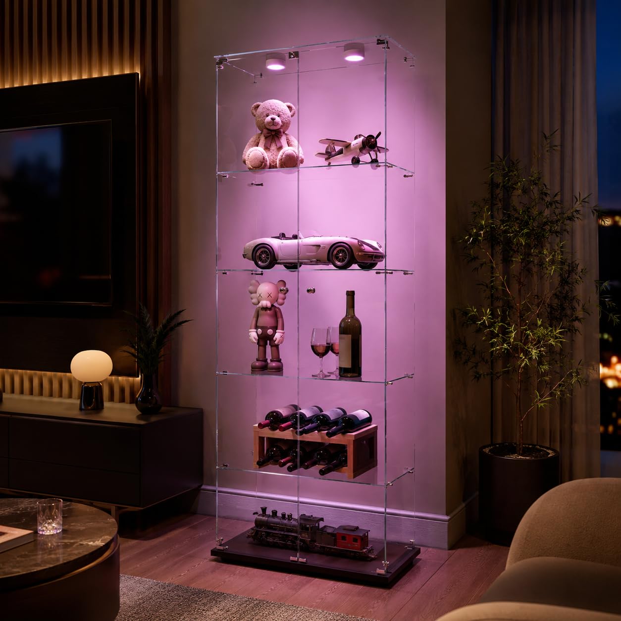 Armario De Exhibición De Vidrio Con 5 Estantes Y 2 Puertas, Vitrina De Pie Con Luces LED, Adecuado Para Sala De Estar, Dormitorio Y Oficinas