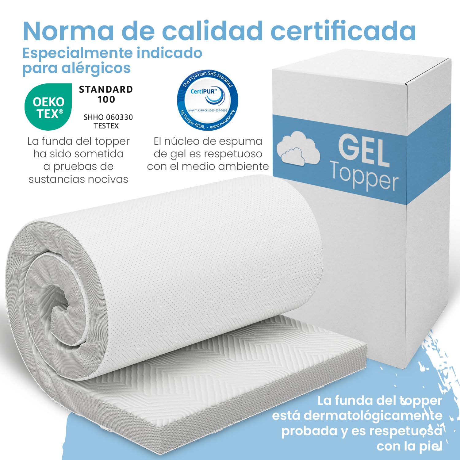ELONEO Gel Topper 100x190cm, cubrecolchón de Espuma viscoelástica con Gel de 5 cm de Altura, Funda Transpirable de Malla 3D, cómodo cubrecolchón con Fundas en Las Esquinas