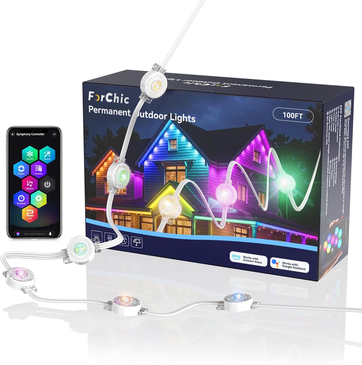 Permanent Outdoor Lights, 100ft RGBICWWPW Christmas Lights with 72 Triple-LED, IP67 Waterproof, 45lm Tunable White for Christmas Decorations, Daily and Holiday, Works with Alexa, Google Assistant