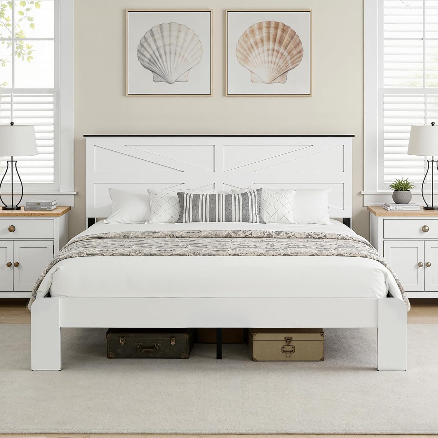 King Bed Frame and Headboard, Farmhouse Wood King Size Platform Bed Frame with Under Bed Storage, Metal Slats Support, No Box Spring Needed, Noise Free, Easy Assembly, White