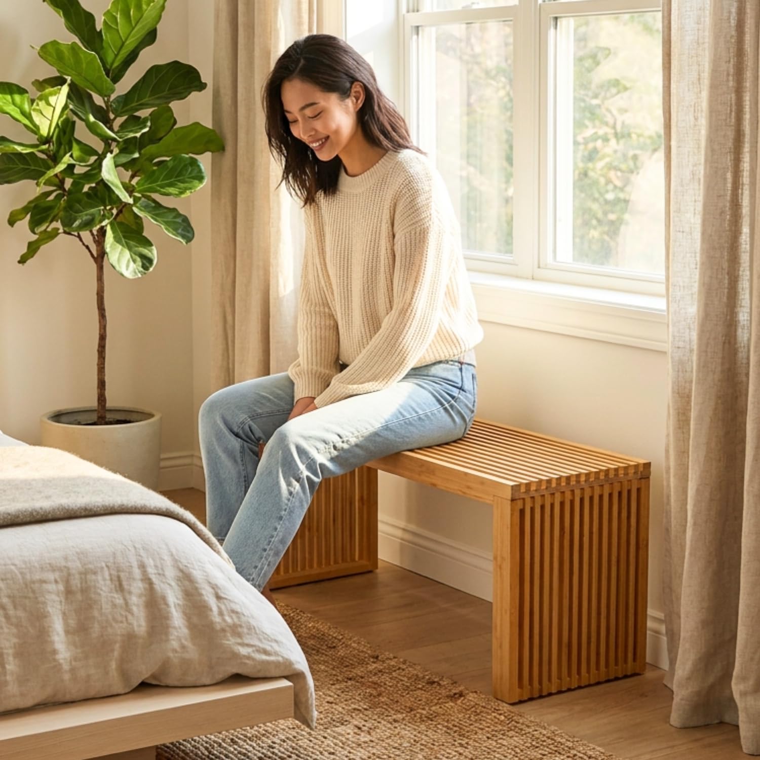 Adabor Sitzbank aus Bambus Holz – Hochwertige Holzbank für Flur, Wohnzimmer, Esszimmer und Küche, stabile & Pflegeleichte Schuhbank | extrem belastbar, höhenverstellbar & rutschfest