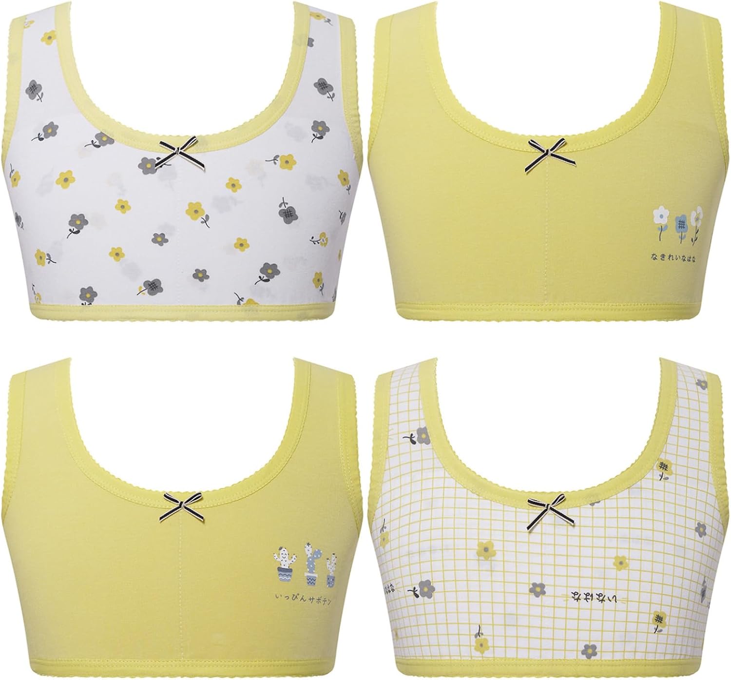 Girl's Cotton Stretch Cropped Cami Training Bra 4Pack Sports Bra Seamless Unpadded Bralette Size 7-14