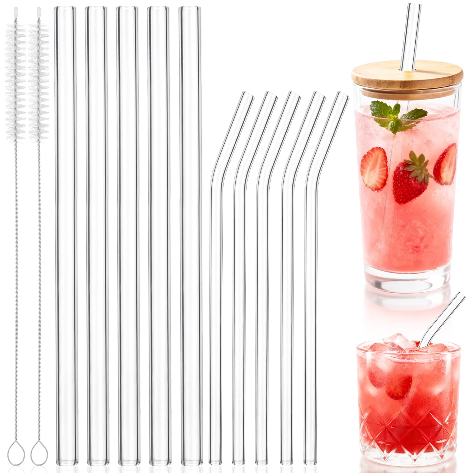 10 Pcs Reusable Glass Straws with 2 Brushes - 5 Straight & 5 Bent (8''x8 mm and 9''x10 mm) Borosilicate Glass Straws for Boba Tea, Smoothies, Cocktails, Iced Coffee (Transparent)
