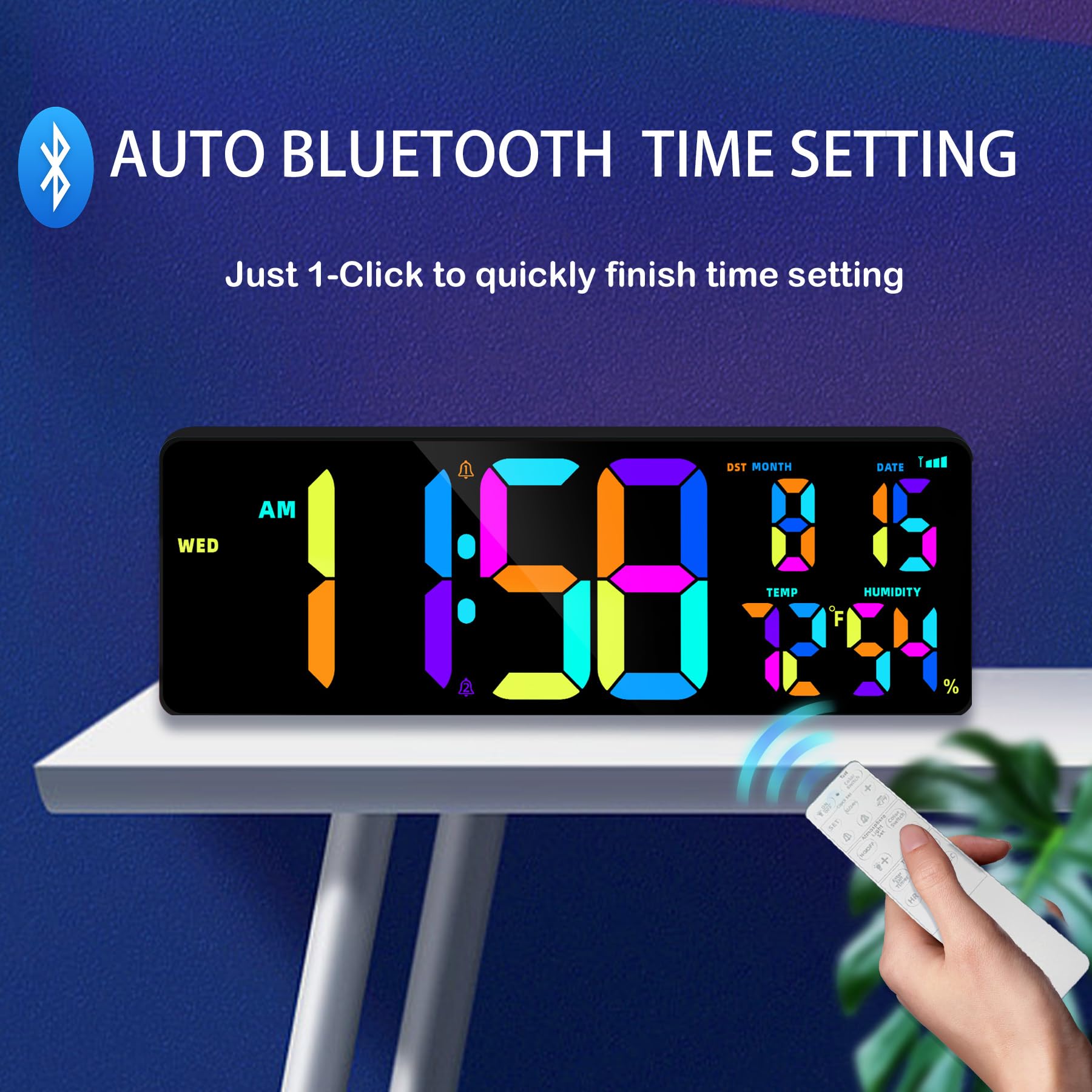 Orologio da parete digitale da 41,9 cm, sincronizzazione Bluetooth, timer per conto alla rovescia, doppio allarme, grande LED RGB, DST automatico, orologio digitale per soggiorno, classe, scrivania