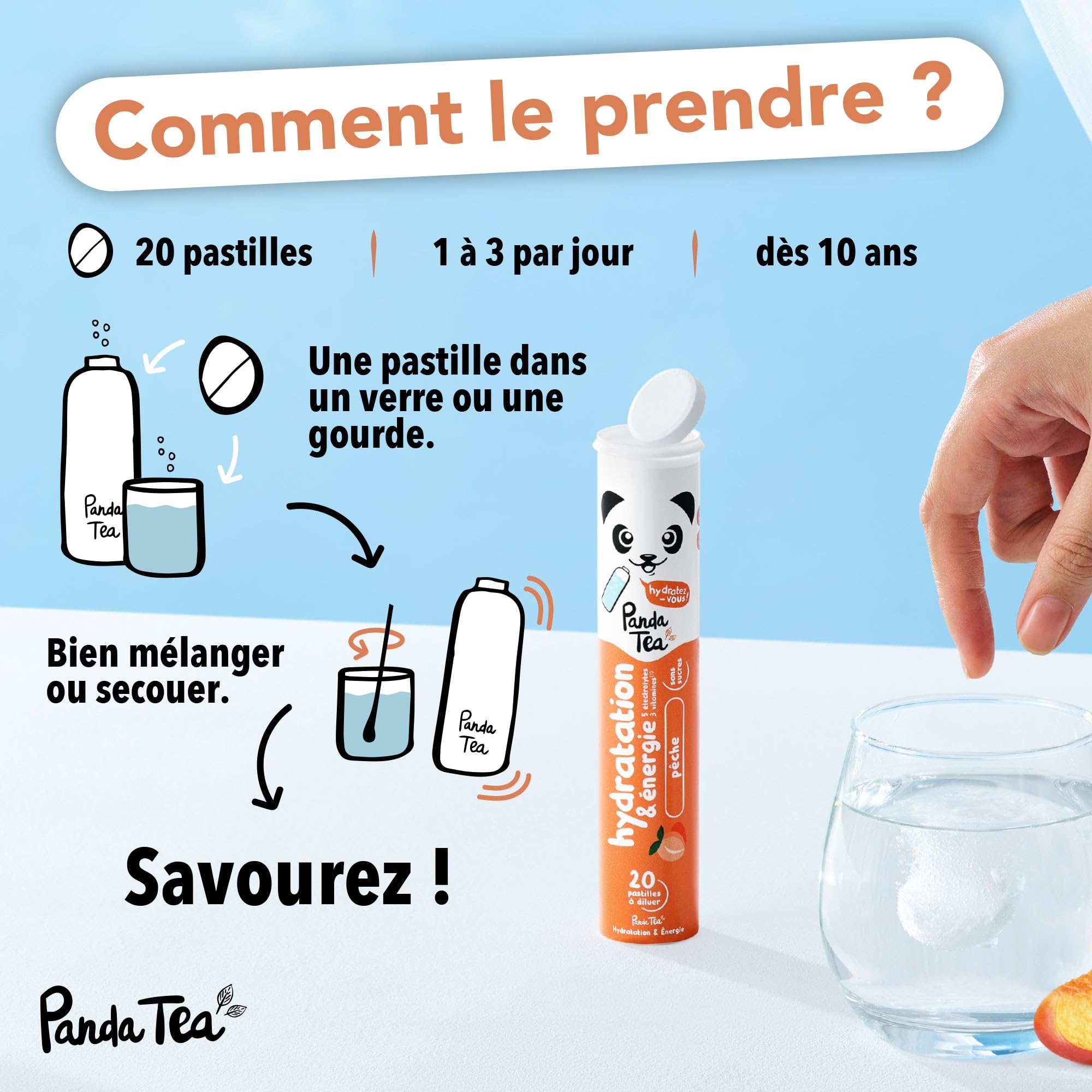Panda Tea - Pastilles Hydratation & Énergie - Myrtille-Framboise - 3x20 Pastilles sans sucre - Electrolyte Ultra Hydratation - Idéale pour le Sport et le Quotidien