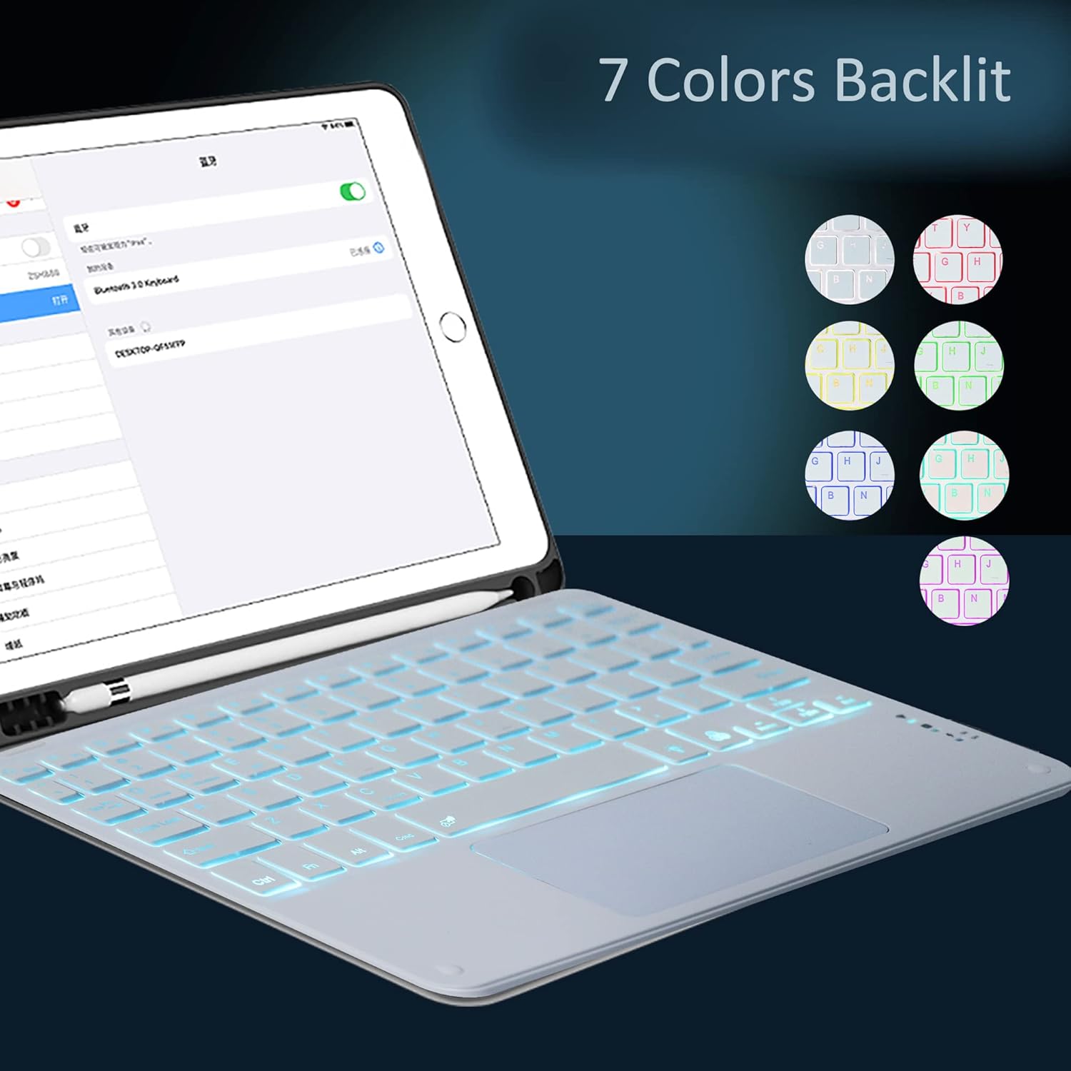 Super Space Wireless Bluetooth Keyboard with Touchpad for iPad - 7 Colors Backlit - Tablet Rechargeable Pro/iPad Air/iPad Mini and Other iOS Android Windows Devices, white