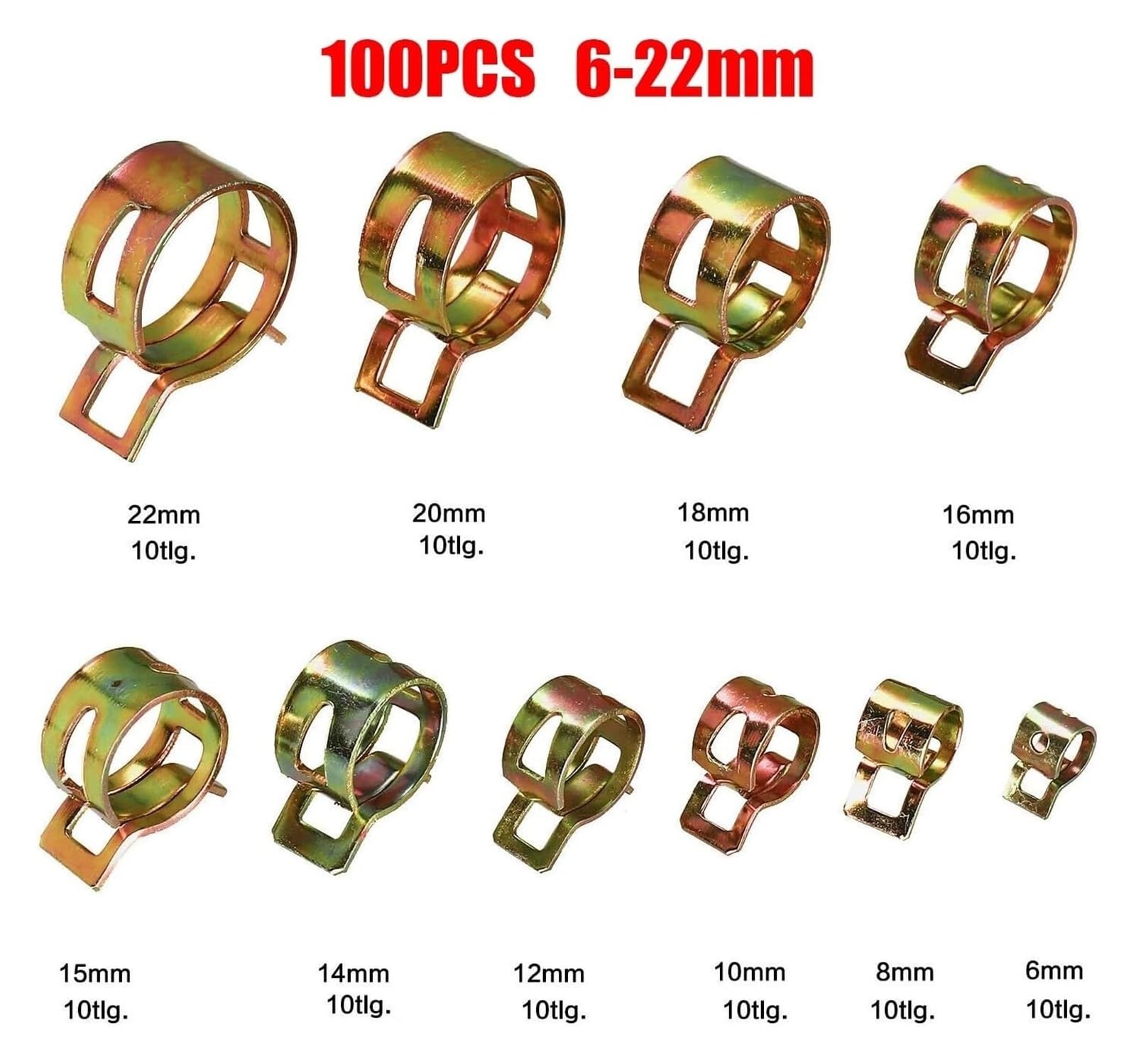 100 szt. zacisków sprężynowych 6-17 mm/6-22 mm ocynkowanych, zacisk do przewodu paliwowego, przewodu wodnego, przewodu powietrznego(100pcs Clamp 622mm)