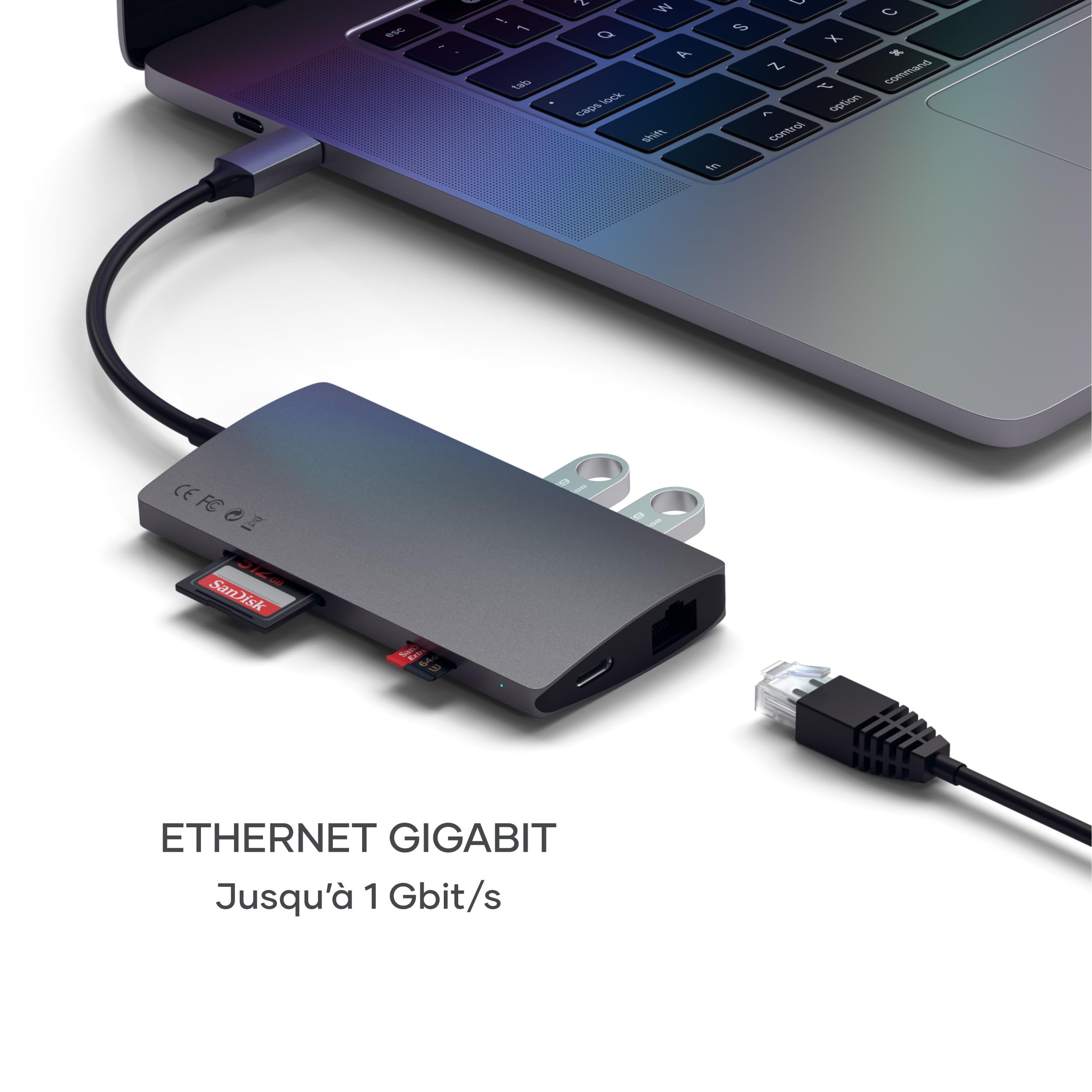 SATECHI Hub USB C 8 en 1 V2, PD 60W, HDMI 4K, Gris Sidéral | Ethernet Gigabit, 4K@60Hz, 3x Ports USB-A 10 Gbps, lecteur SD/MicroSD, pour MacBook, PC portables Windows et plus