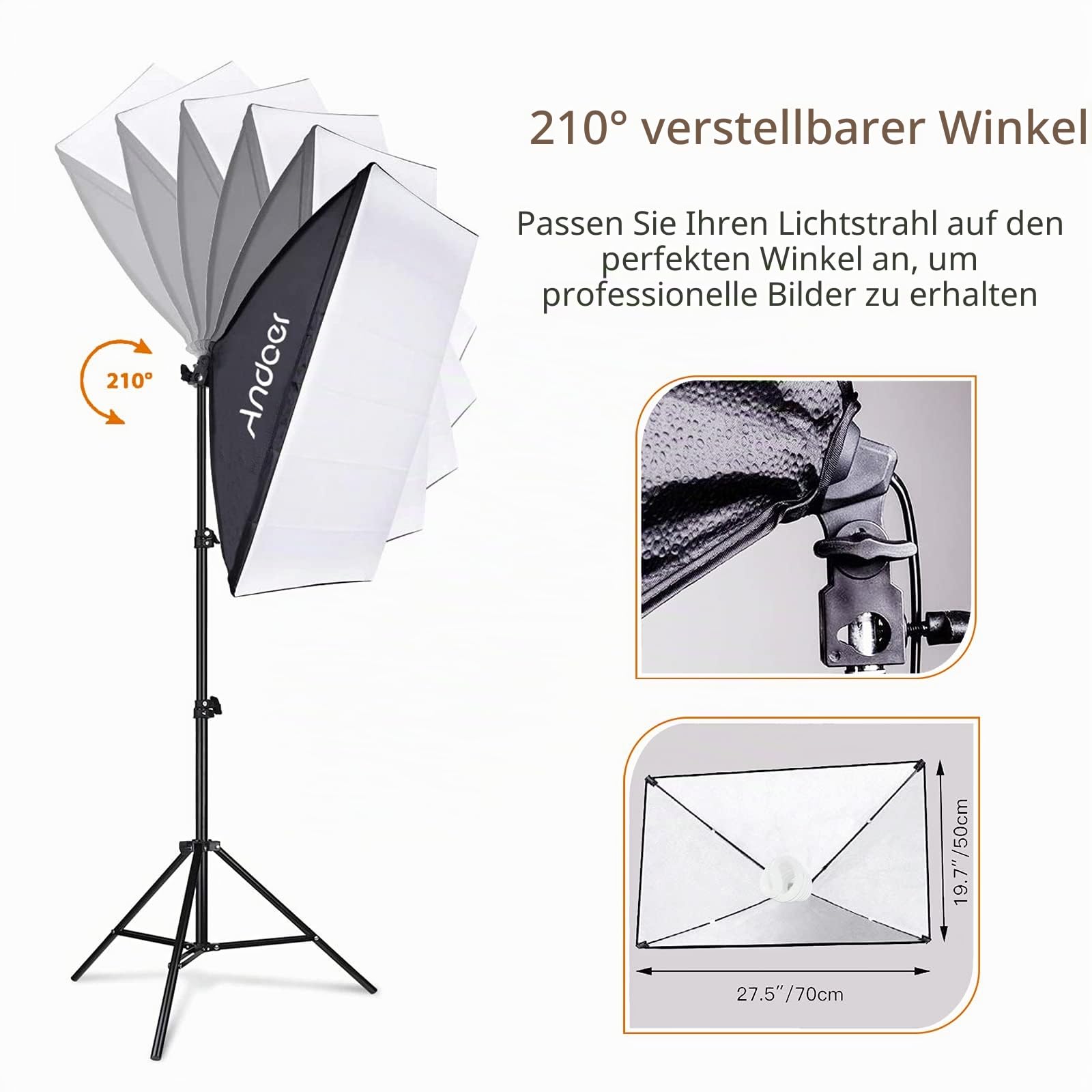 Andoer Beleuchtungsset für Fotostudio, 2 m x 3 m Hintergrundsystem mit Softbox, Glühbirnen, Lichtständer, Gelenkarm, Fernbedienung, Klemme, Transport
