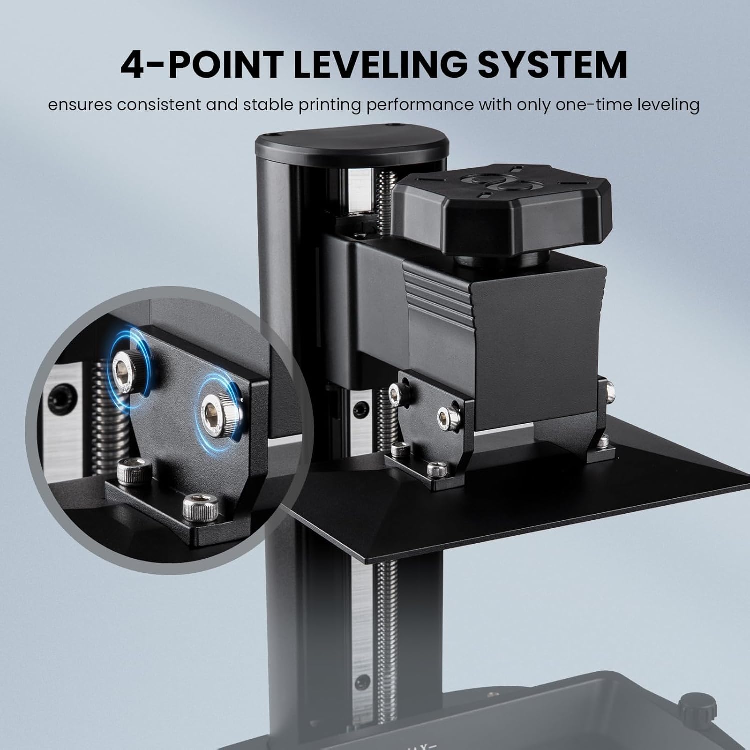 Close-up of the 4-point leveling system on the 3D printer.