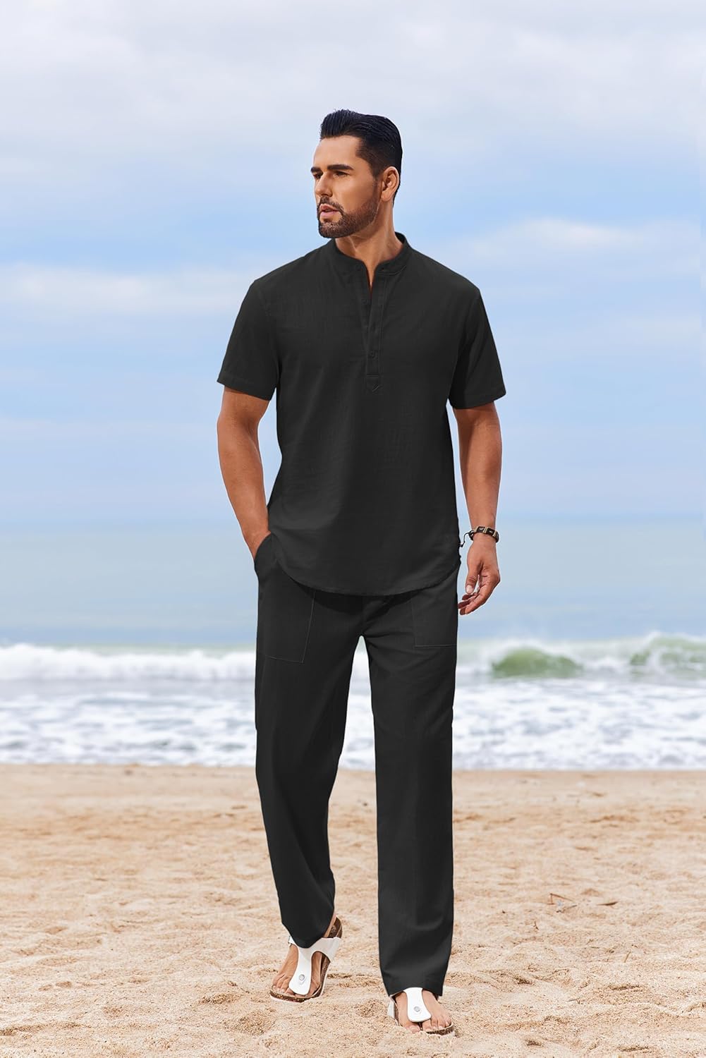 COOFANDY Men's 2 Piece Cotton Sets Casual Short Sleeve Henley Shirts and Beach Pants with Pockets Summer Vacation Outfits - Image 3