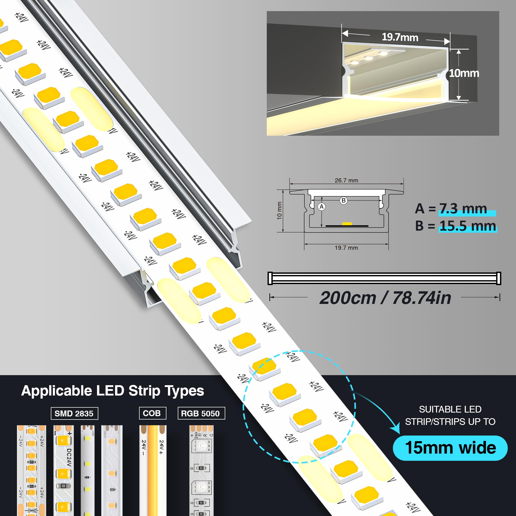 20 x Profilé LED Encastrable 2 m (40 m), Profilés en Aluminium en U pour Ruban led jusqu'à 15 mm, 26,7 x 10 mm, Rail Led avec Diffuseur LED en PC, Idéal pour Plafond et Installation Encastrée