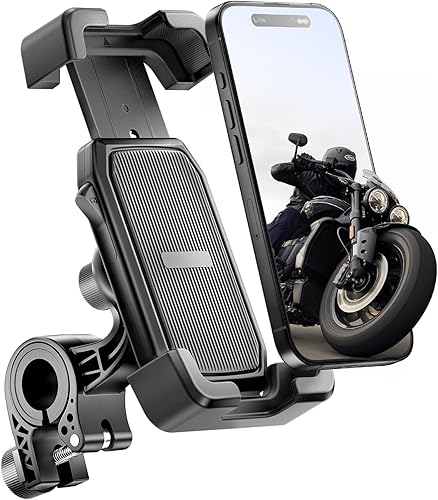Delobon Soporte de teléfono para motocicleta, soporte para teléfono de bicicleta, actualización 2025 Soporte de teléfono para scooter con una sola