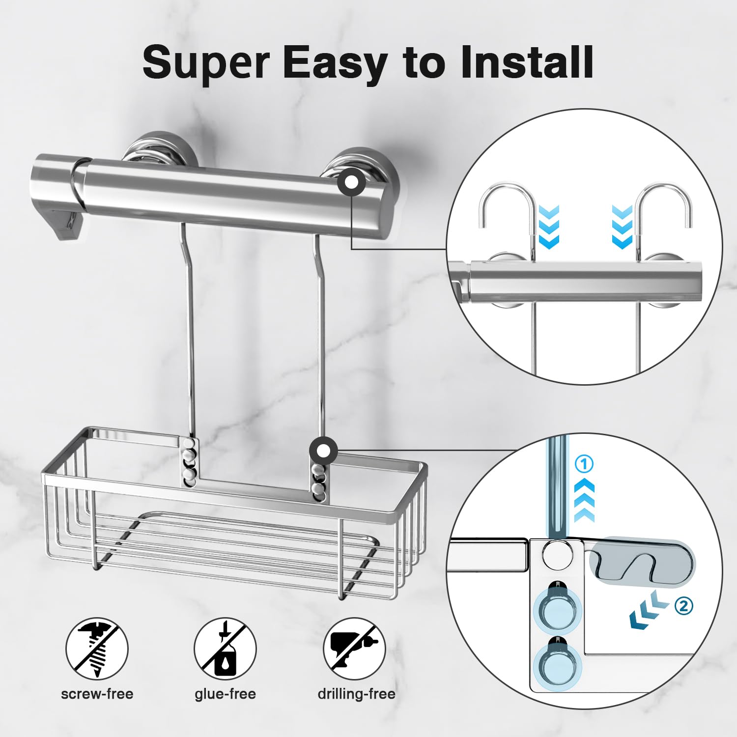 Estante De Ducha Sin Taladro Feebee - 2 Piezas En Acero Inoxidable, Ideal Para Barras De 18-27 Mm (Negro)