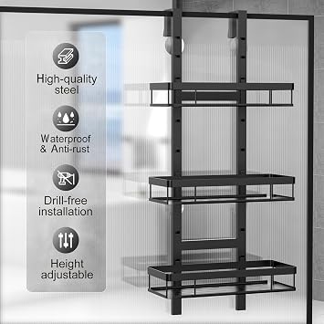 Shower Caddy Hanging, Over Door Bathroom Storage Black, 3-Tier