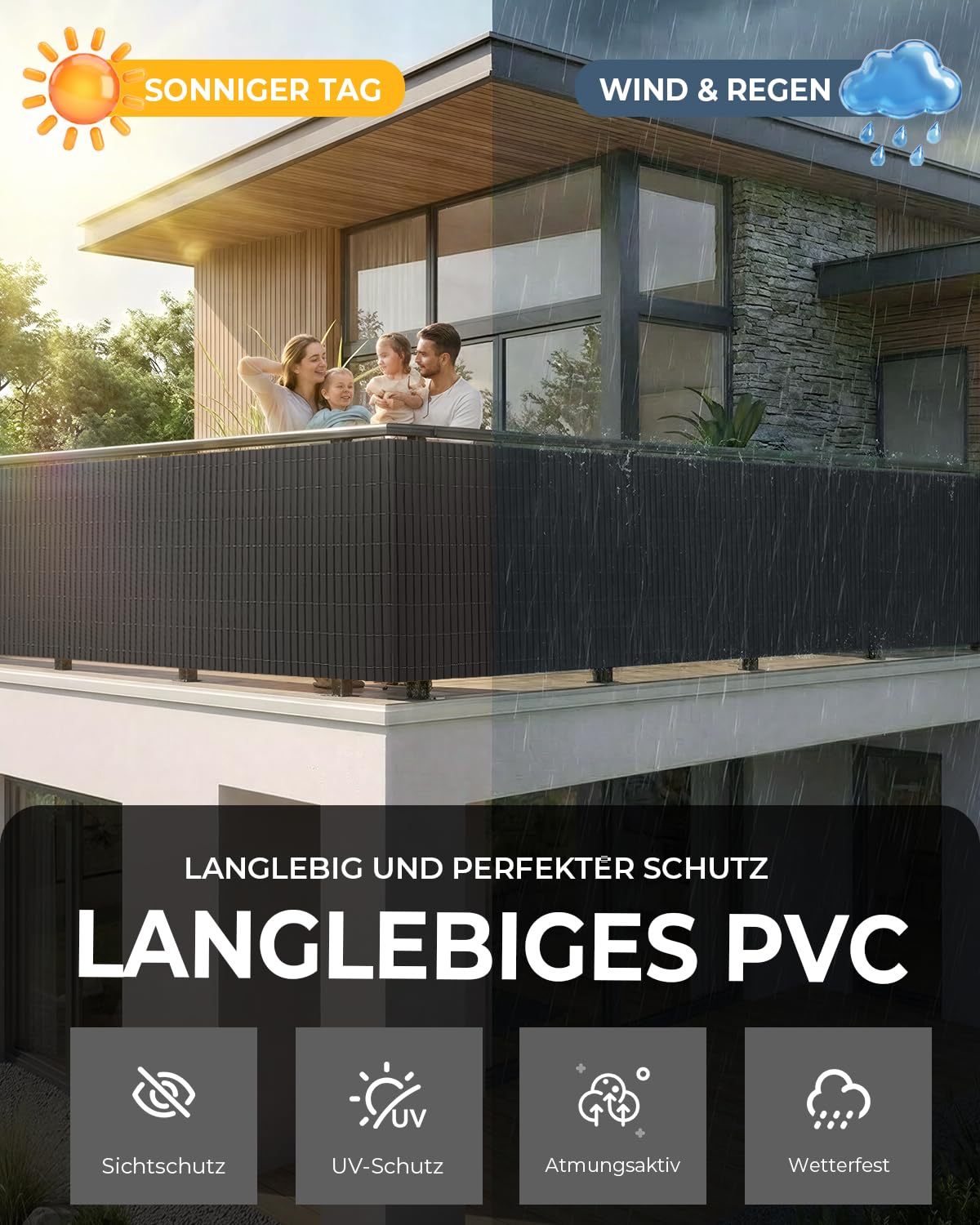 paramondo PVC Sichtschutzmatte Sichtschutzzaun 100 x 300 cm Dreifache Verstärkung für Garten Terrasse, Privatsphäre Balkon Sichtschutz Zaun Windschutz Wetterfest mit Strukturierte Oberfläche Anthrazit