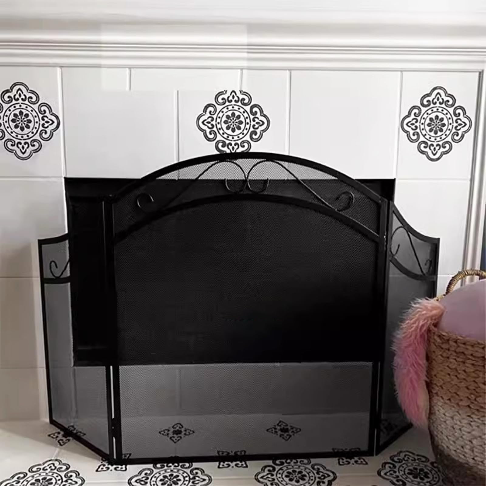 GTPBAO Salvachispas Chimenea Pantalla De Malla De Hierro Forjado Negra para Chimenea: Protector De Chispas Plegable De 3 Paneles para Estufa De Leña, 128×78cm