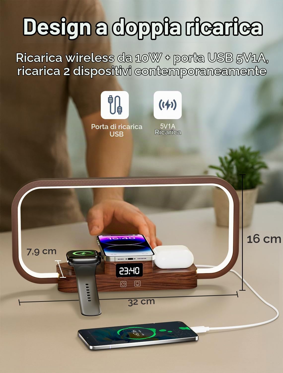 3 in 1 Lampada da Comodino con Caricatore Wireless & Porta USB, 5 Colori Lampada da Tavolo Dimmerabile Controllo Touch, Stazione di Ricarica per Pods, Smartphone per Camera (Marrone)