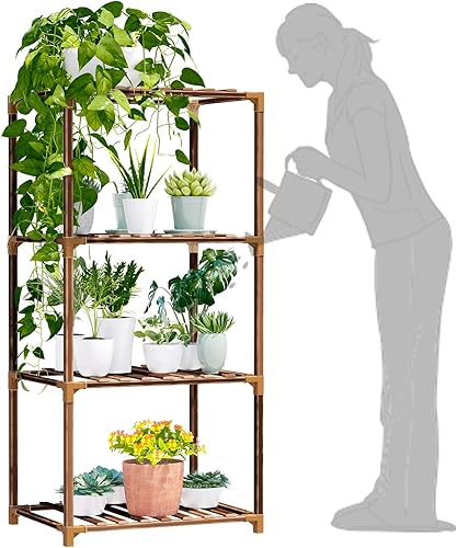 New England - Soporte de madera para plantas de 4 niveles para uso en interiores y exteriores, perfecto para sala de estar, patio o balcón, soporta