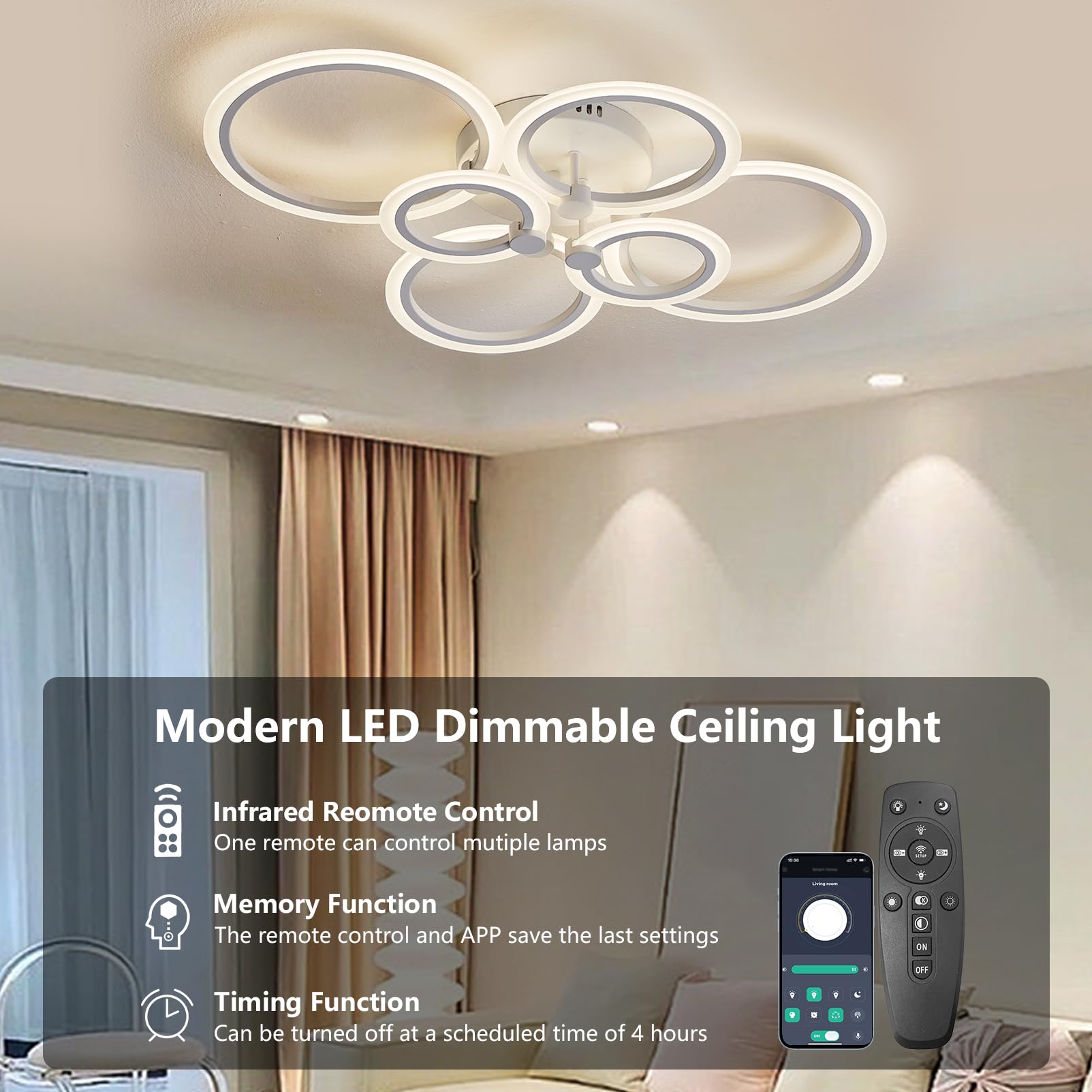 Lampy Sufitowe LED Z Funkcją ściemniania I Pilotem, Nowoczesne Okrągłe Lampy Sufitowe LED Do Salonu 54W, 2700K-6500K, Sufitowe Z Aplikacją Do Sypialni, Kuchni, łazienki, Przedpokoju