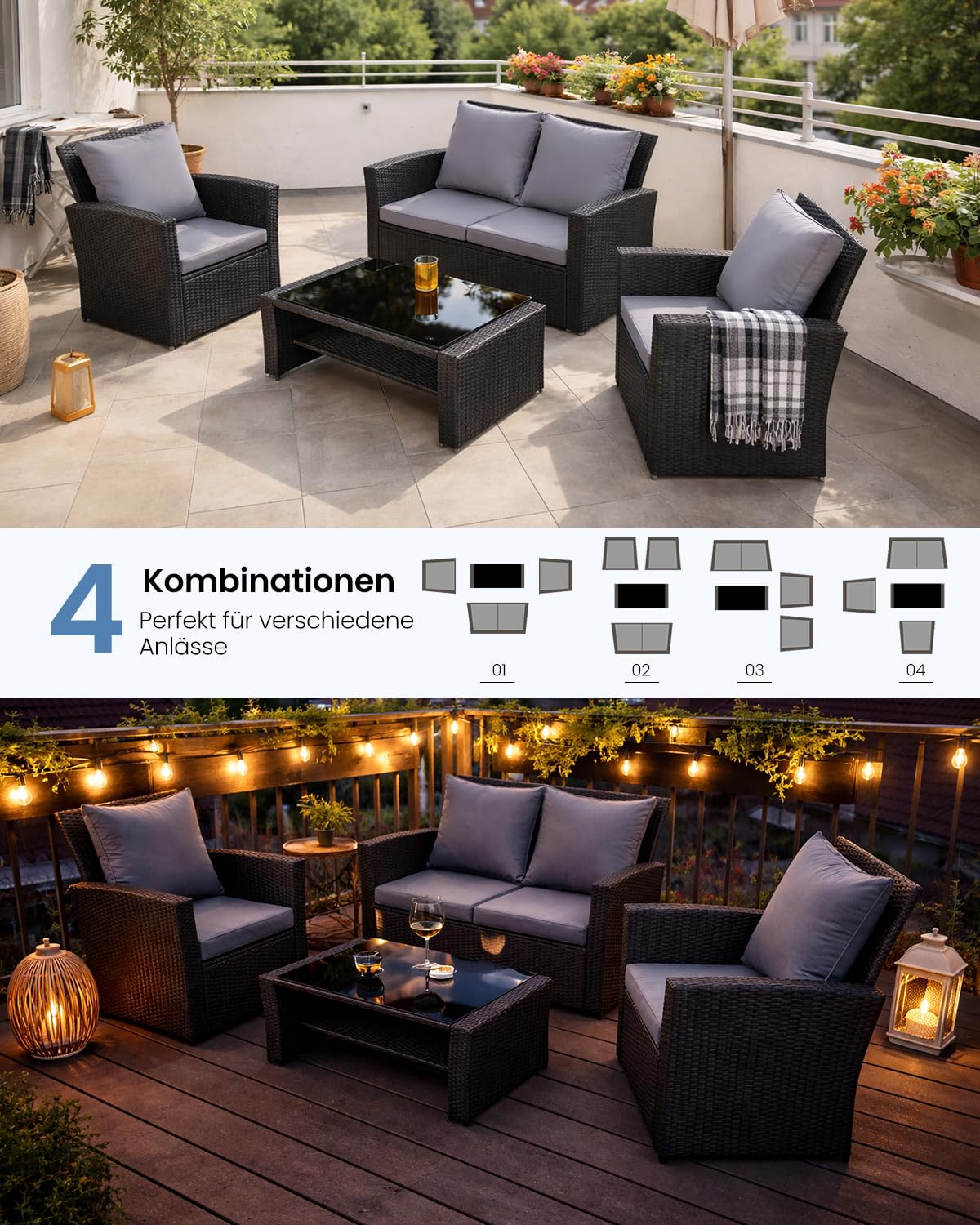 LANOX 4-Teiliges Poly Rattan Balkonmöbel Set mit Sofa und Couchtisch