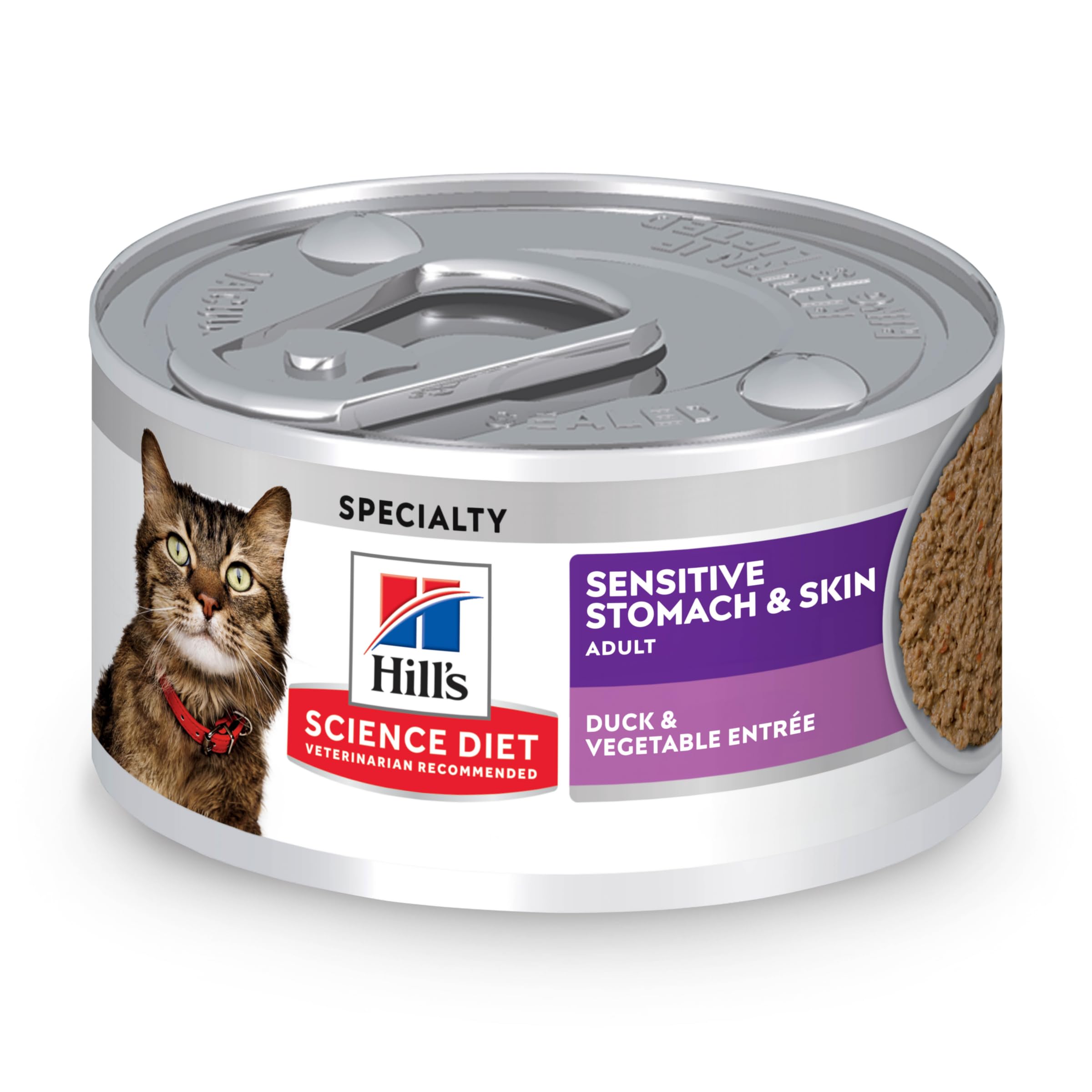 Hill's Science Diet Sensitive Stomach & Skin, Adult 1-6, Stomach & Skin Sensitivity Support, Wet Cat Food, Duck & Vegetables Minced, 2.9 oz Can, Case of 24