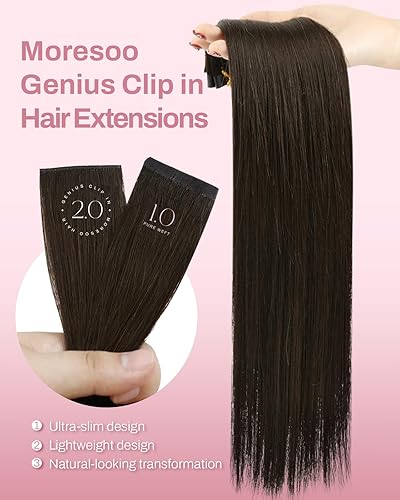 Miniatura 41 de Moresoo - Extensiones de cabello humano Remy lacio sin costuras con pinzas y trama, de poliuretano, cabeza completa, color castaño claro