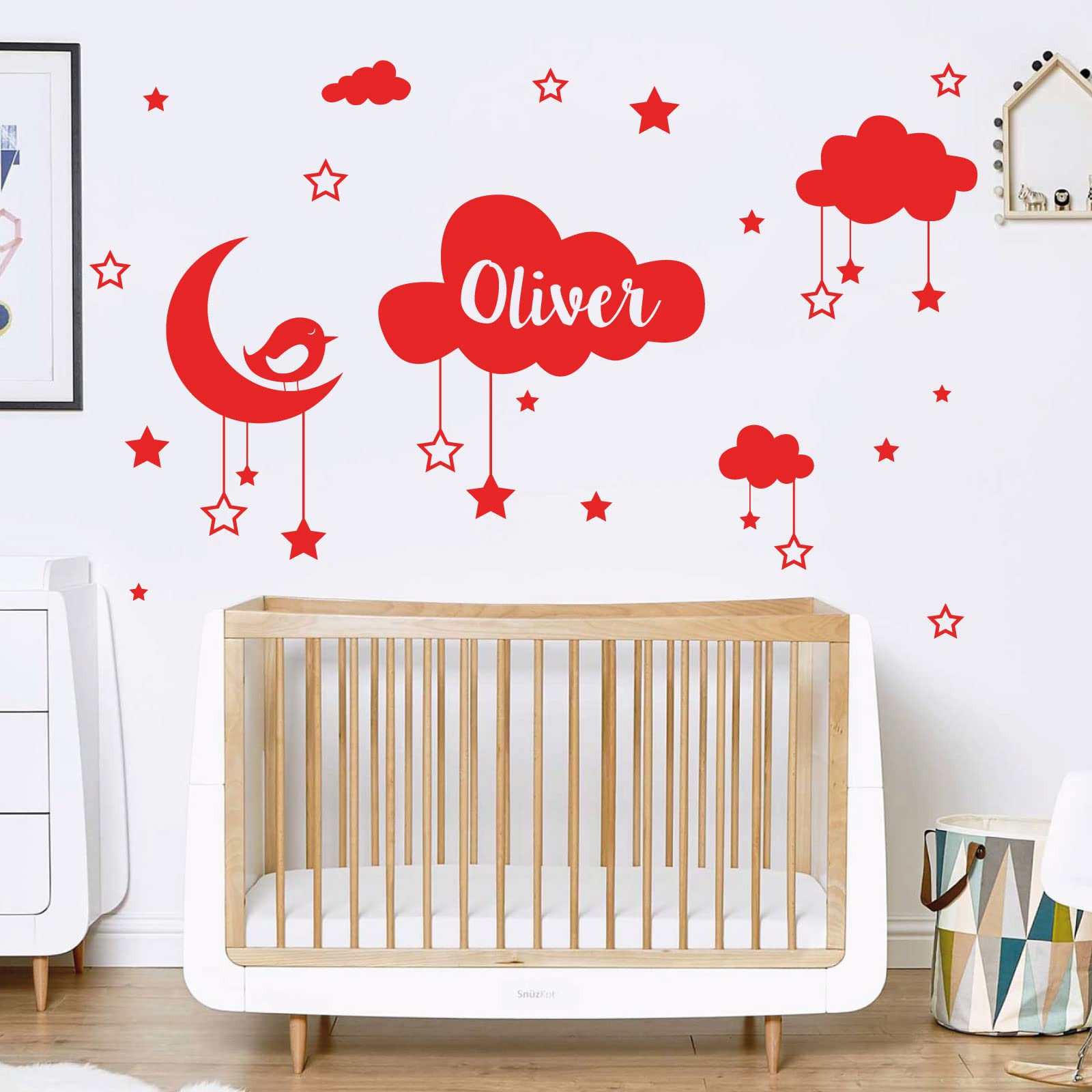 Personalised Name Baby Wall Sticker - Clouds, Stars, Moon & Bird [Large] [Poppy]