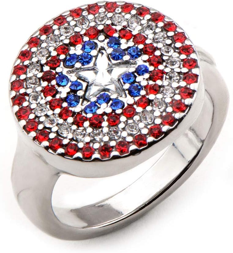 Officially Licensed Original Artwork Captain America Logo Bling - Stainless Steel Premium Quality Womens Ring
