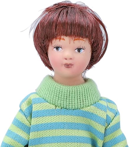 Miniatura 6 de Tnfeeon Casa de muñecas en miniatura para niño, 112, cabello marrón, verde, suéter, casa de muñecas, porcelana en miniatura, para decoración